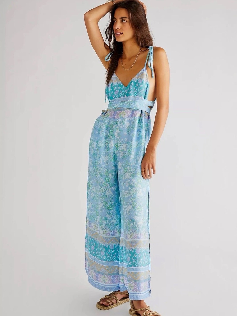 Free People Sky Blue Floral Tie-Shoulder Wide-Leg Jumpsuit Size S